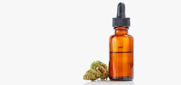 CBD Oil In Amber Bottle Isolated On Grey Background With Cannabis Bud next to bottle.