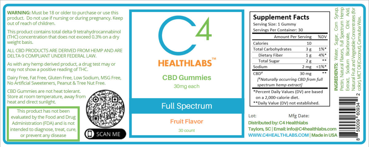 c4 healthlabs full spectrum cbd gummies nutrition label