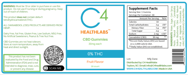 C4 Healthlabs THC Free CBD Gummy Nutrition Label, 30mg